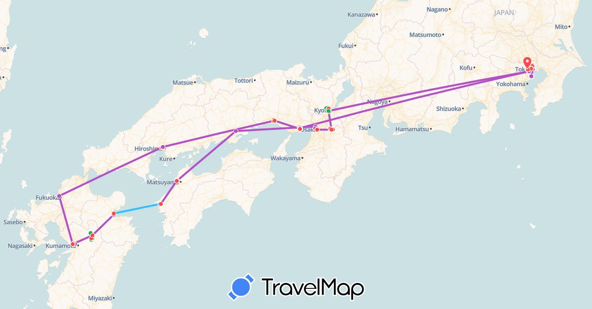 TravelMap itinerary: bus, plane, train, hiking, boat in Japan (Asia)
